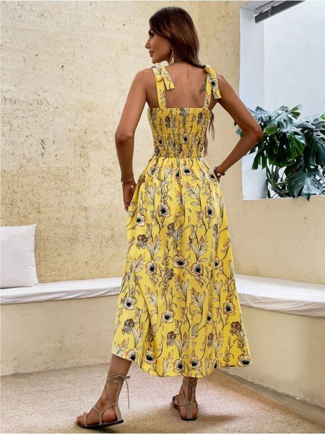 Shoulder Bow Floral Midi Dress