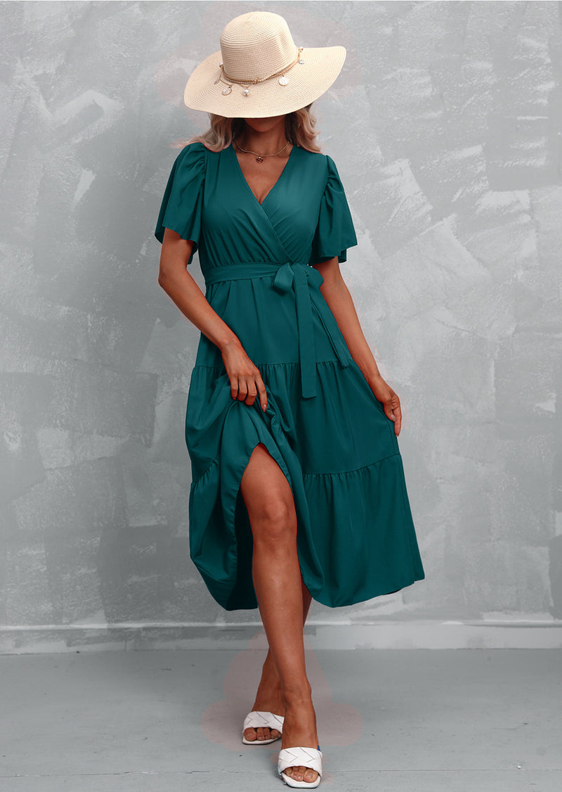 Flute Sleeve Wrap Midi Dress