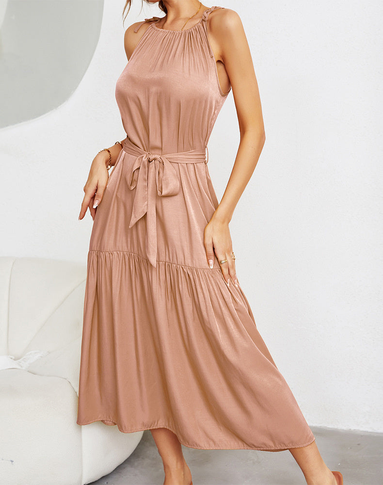 Tiered Belted Halterneck Maxi Dress