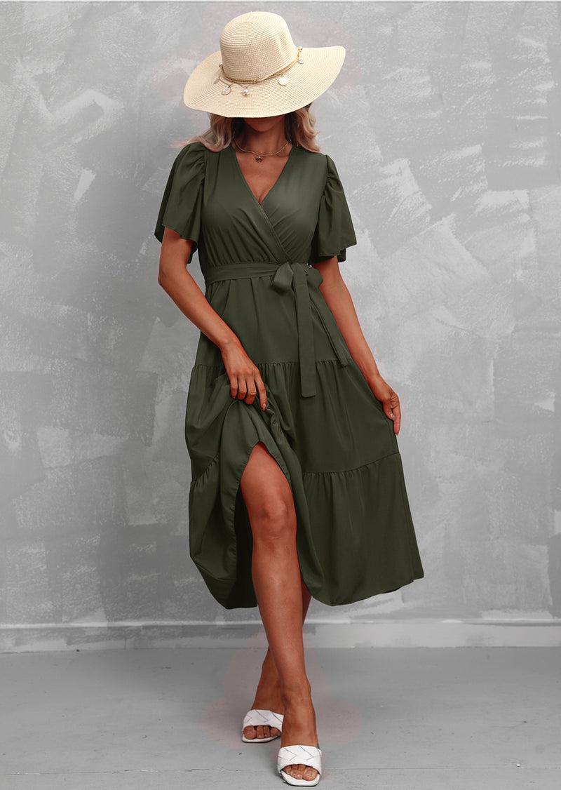 Flute Sleeve Wrap Midi Dress