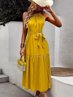 Tiered Belted Halterneck Maxi Dress