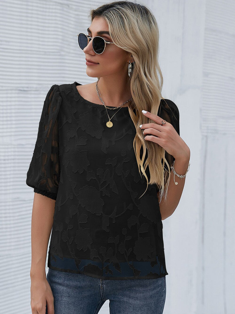 Sheer Embroidered Half Sleeve Top