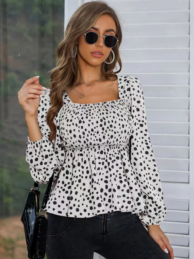 Dotted Long Sleeve Square Neck Top