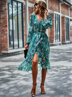 Floral V Neck Belted Wrap Dress