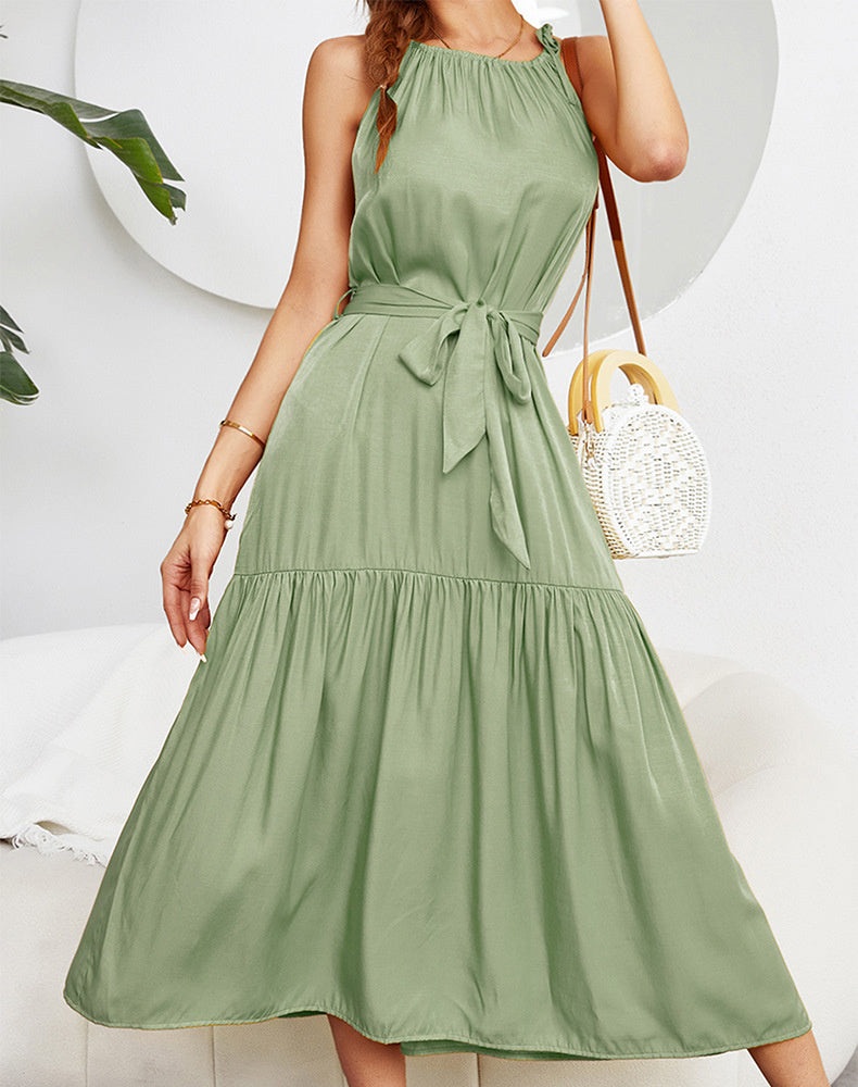 Tiered Belted Halterneck Maxi Dress