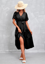 Flute Sleeve Wrap Midi Dress