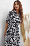 Leaf Print Three Quarter Sleeve Midi Dress