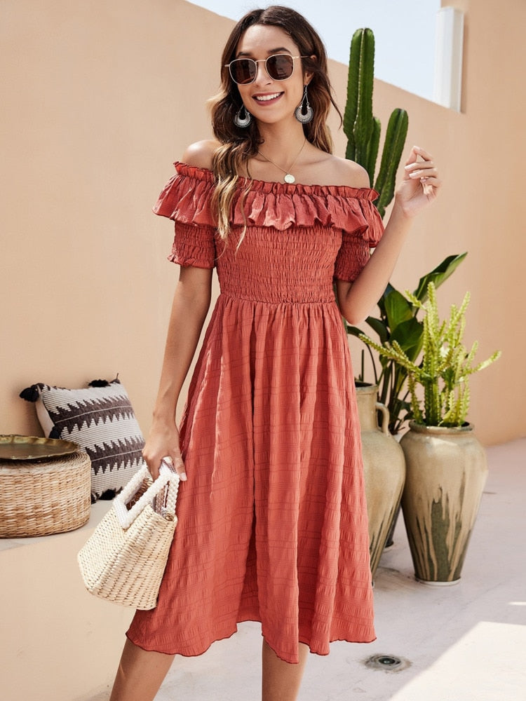 Off Shoulder Smocked Midi Dress