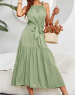 Tiered Belted Halterneck Maxi Dress