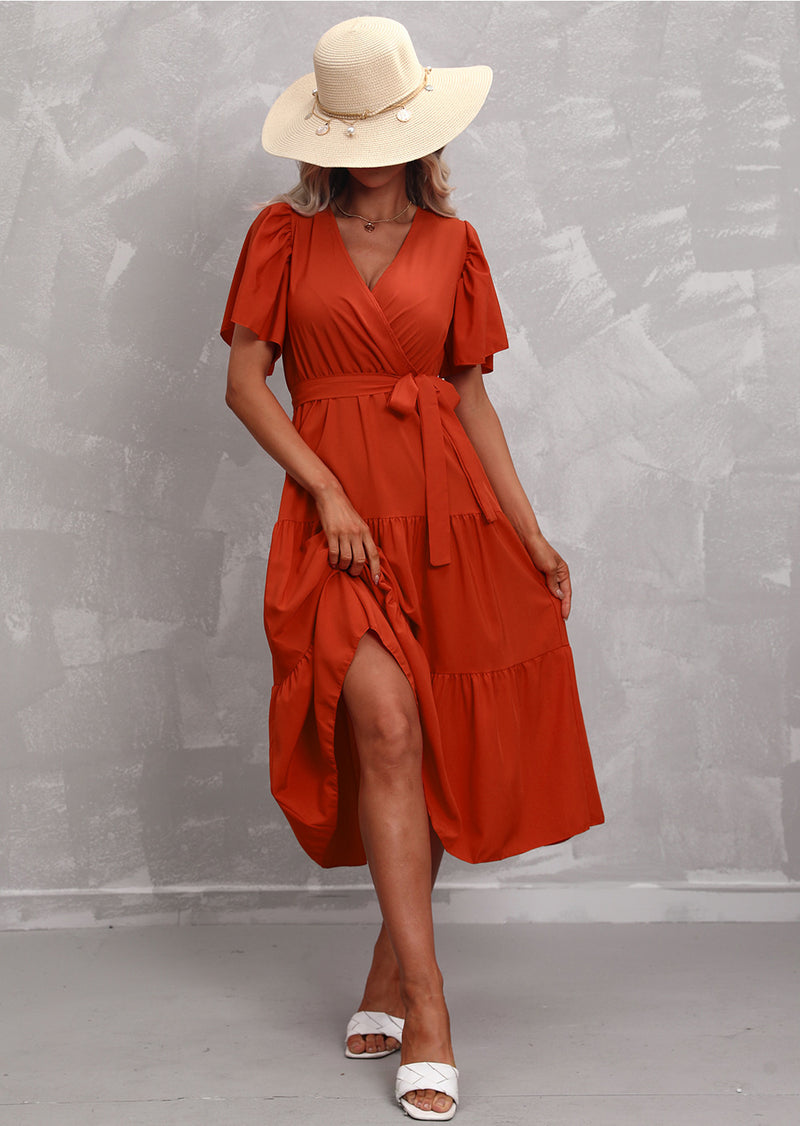 Flute Sleeve Wrap Midi Dress