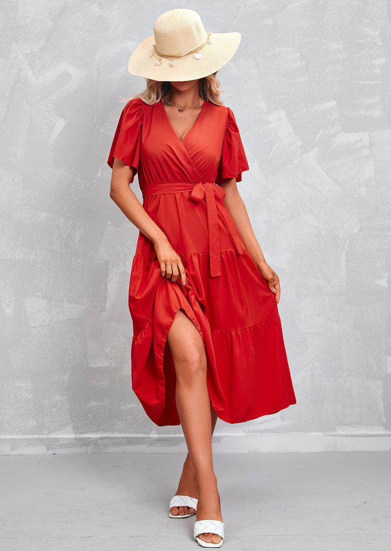 Flute Sleeve Wrap Midi Dress