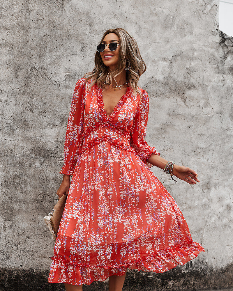 Red floral dress long hot sale sleeve