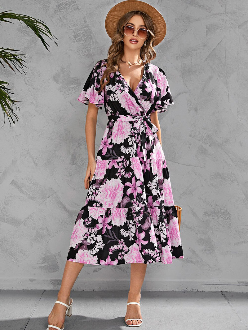 Flute Sleeve Wrap Midi Dress