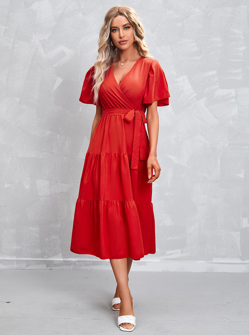 Flute Sleeve Wrap Midi Dress