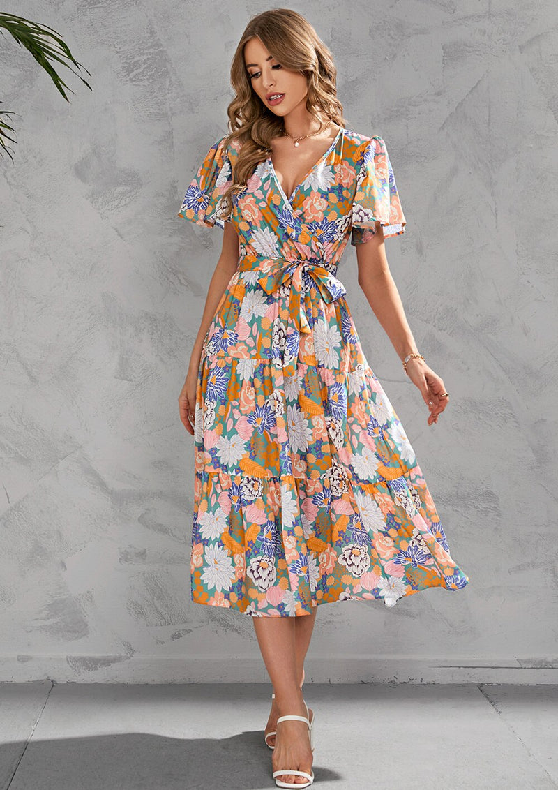 Flute Sleeve Wrap Midi Dress