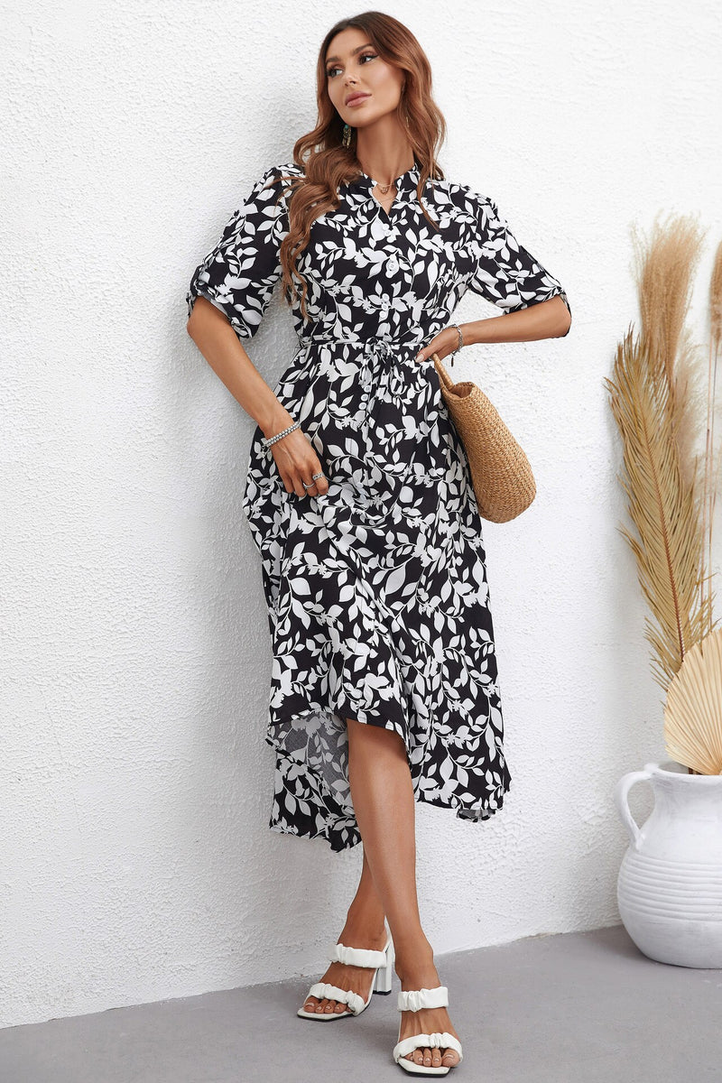 Leaf Print Three Quarter Sleeve Midi Dress