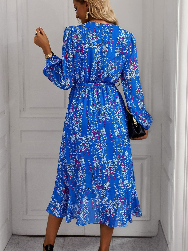 Floral V Neck Belted Wrap Dress