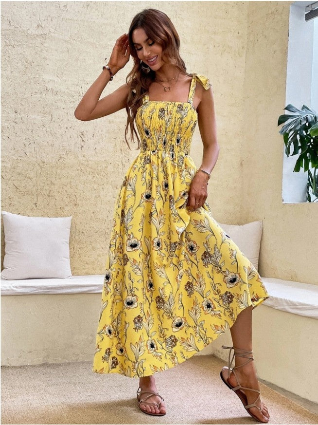 Shoulder Bow Floral Midi Dress