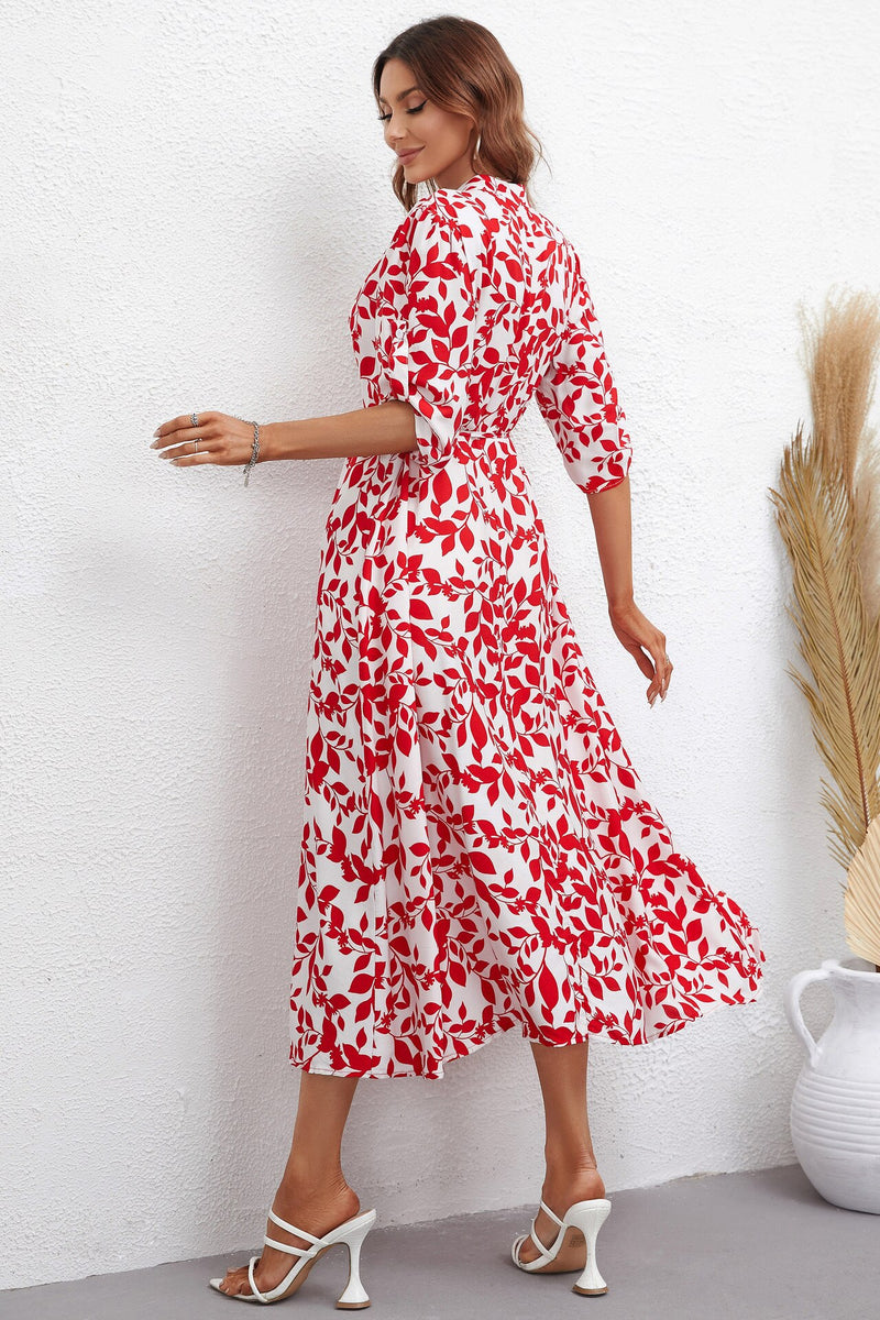 Leaf Print Three Quarter Sleeve Midi Dress