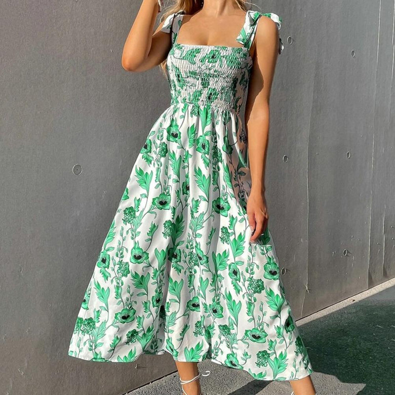 Shoulder Bow Floral Midi Dress