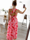 Red Floral Backless Maxi Dress