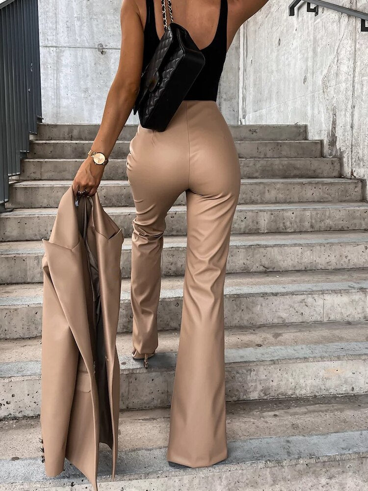 Faux Leather Split Flared Trousers