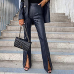 Faux Leather Split Flared Trousers