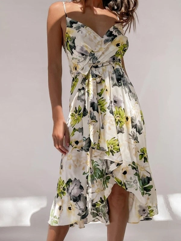 Satin Cross Over Floral Midi Dress
