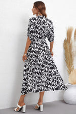 Leaf Print Three Quarter Sleeve Midi Dress