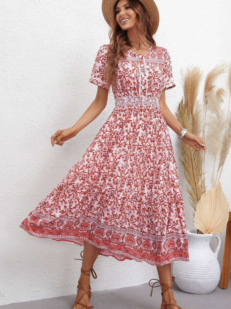 Smocked Waist Print Midi Dress- Sale