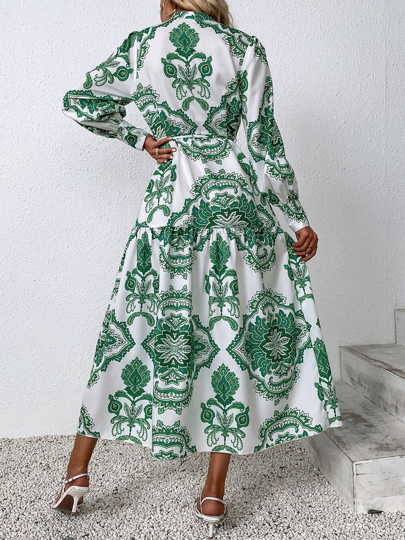 Statement Print Long Sleeve Button Down Midi Dress