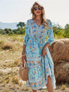 3/4 Sleeve Floral Midi Dress With Front Buttons