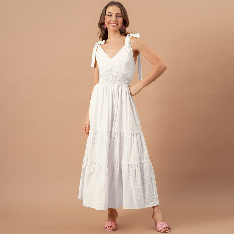 Tie Shoulder Tiered Boho Style Maxi Dress