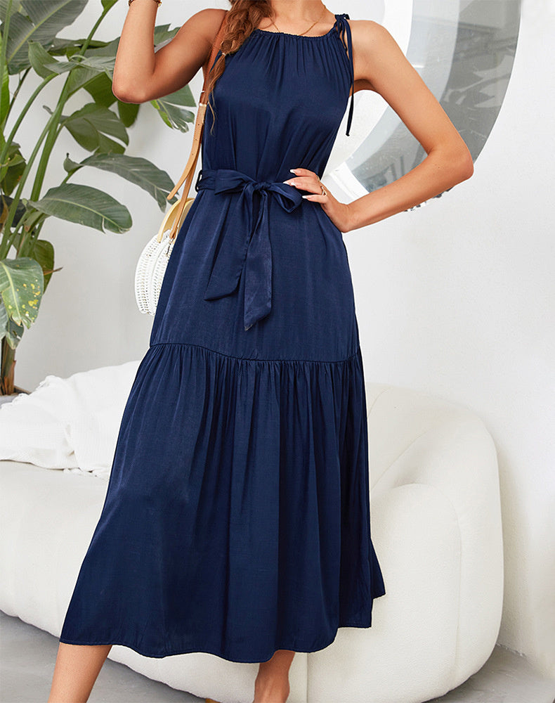 Tiered Belted Halterneck Maxi Dress