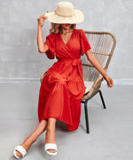 Flute Sleeve Wrap Midi Dress