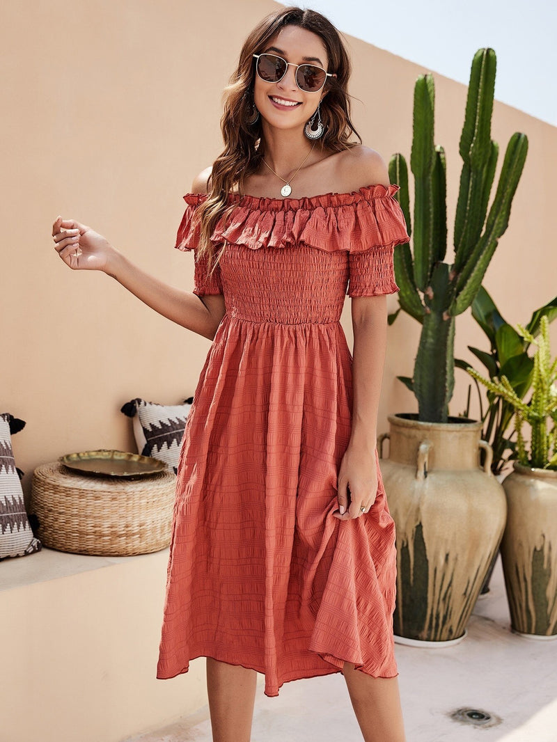 Off Shoulder Smocked Midi Dress