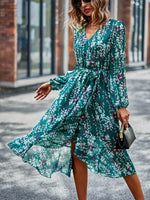 Floral V Neck Belted Wrap Dress