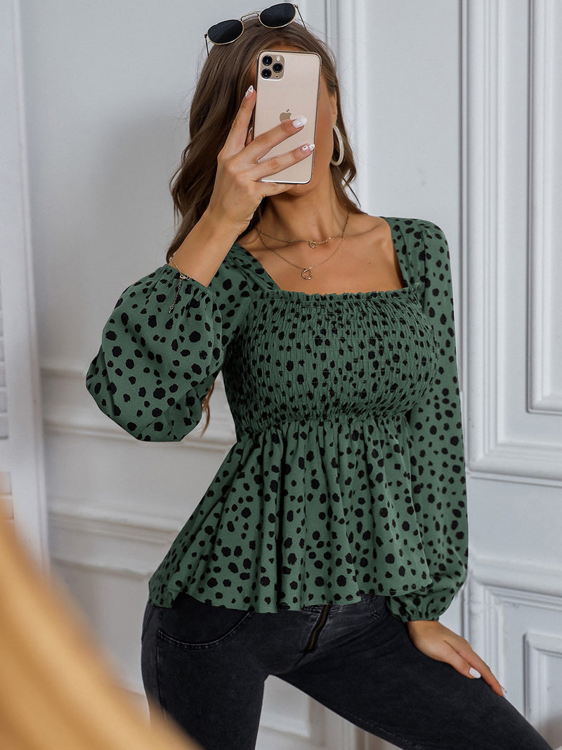 Dotted Long Sleeve Square Neck Top