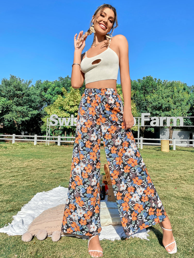 Wide Leg Floral Print Trousers