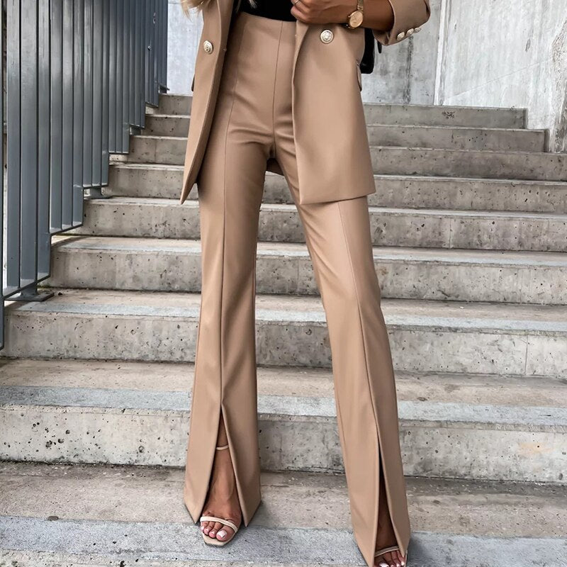 Faux Leather Split Flared Trousers