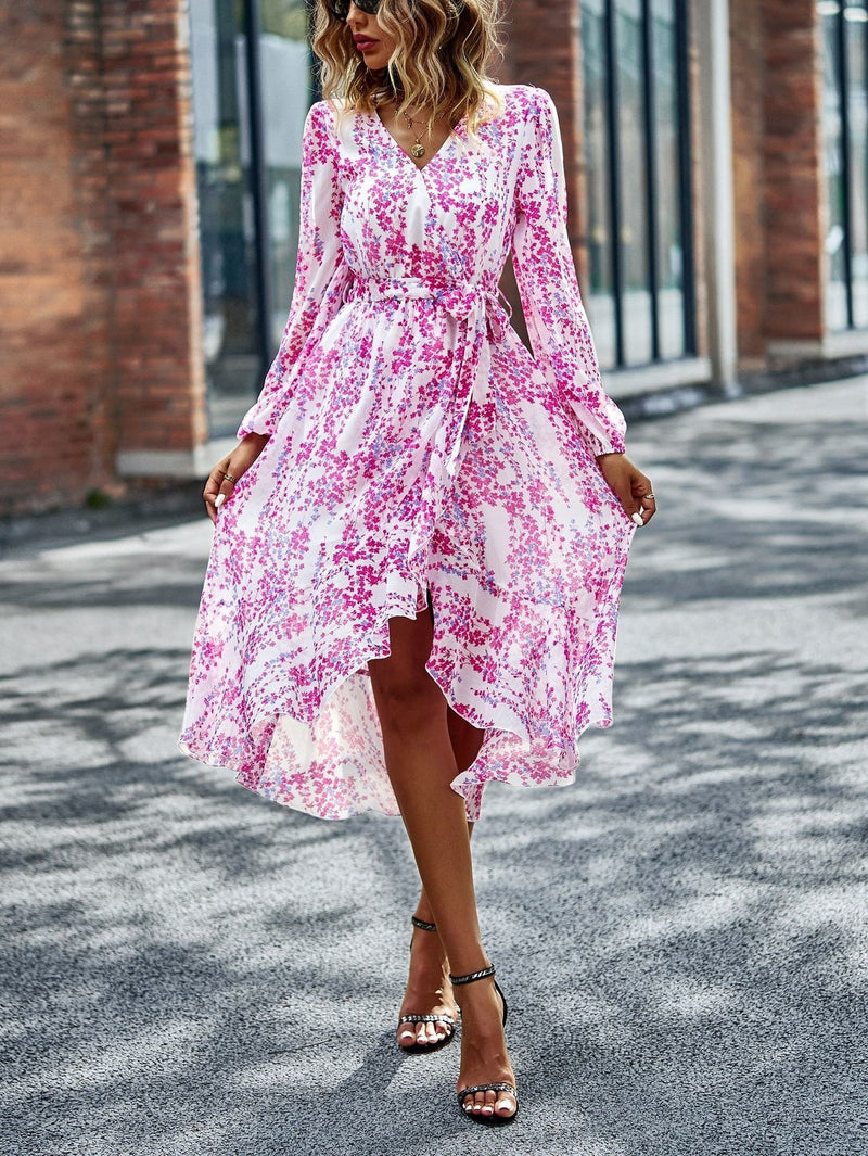 Floral V Neck Belted Wrap Dress