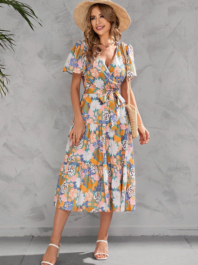 Flute Sleeve Wrap Midi Dress