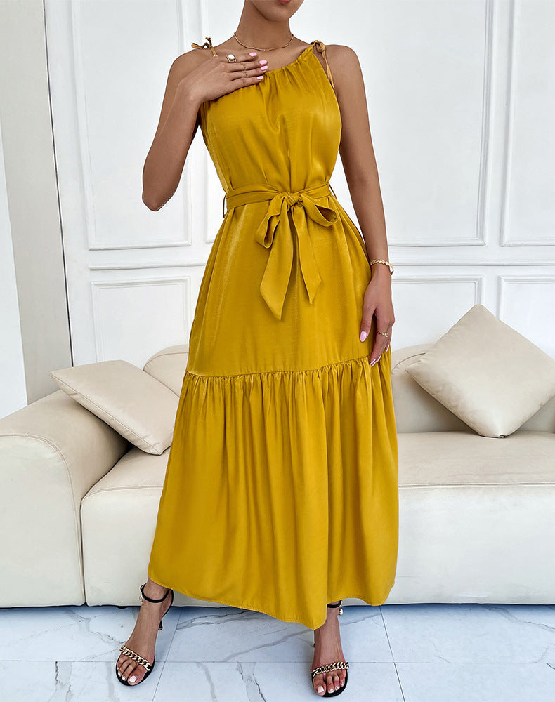 Tiered Belted Halterneck Maxi Dress