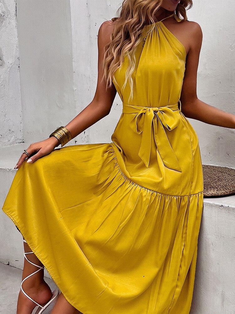 Tiered Belted Halterneck Maxi Dress