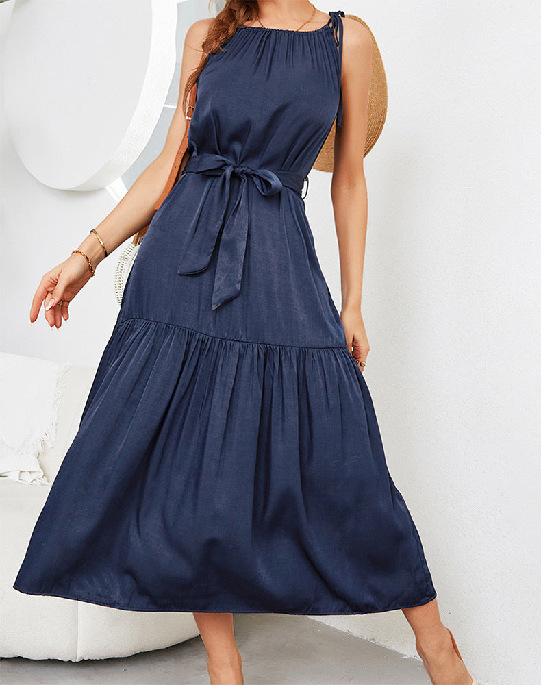 Tiered Belted Halterneck Maxi Dress