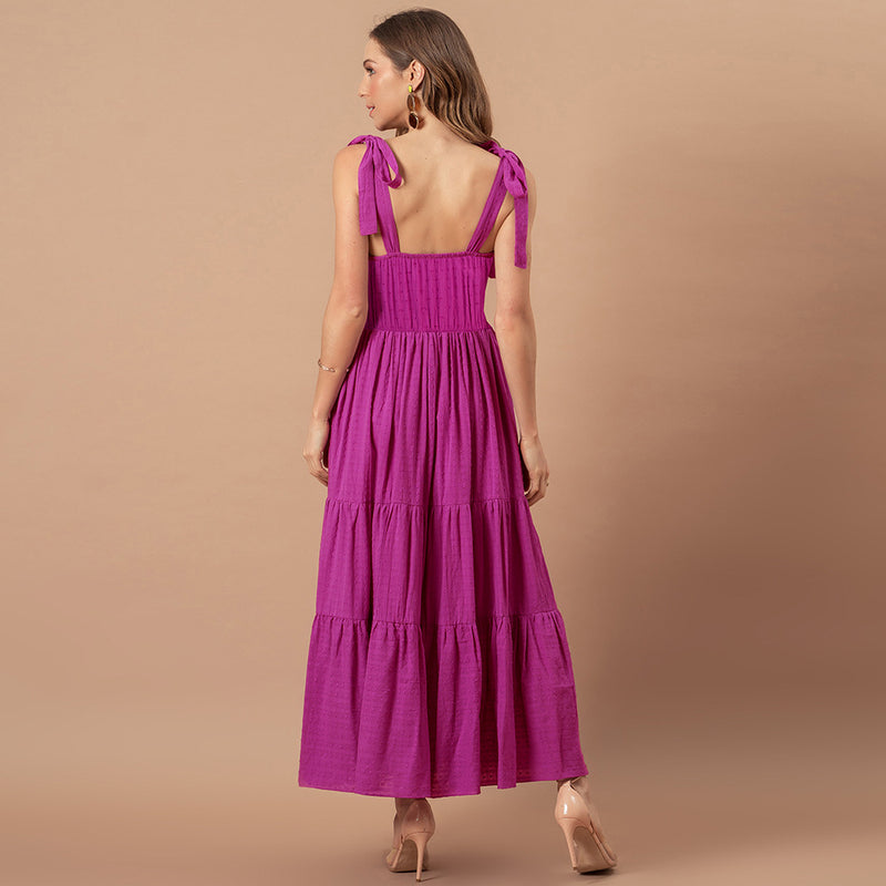 Tie Shoulder Tiered Boho Style Maxi Dress