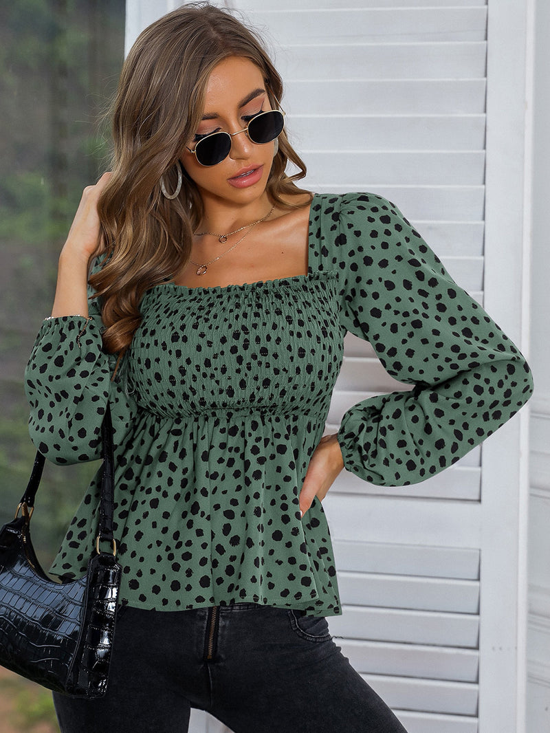 Dotted Long Sleeve Square Neck Top