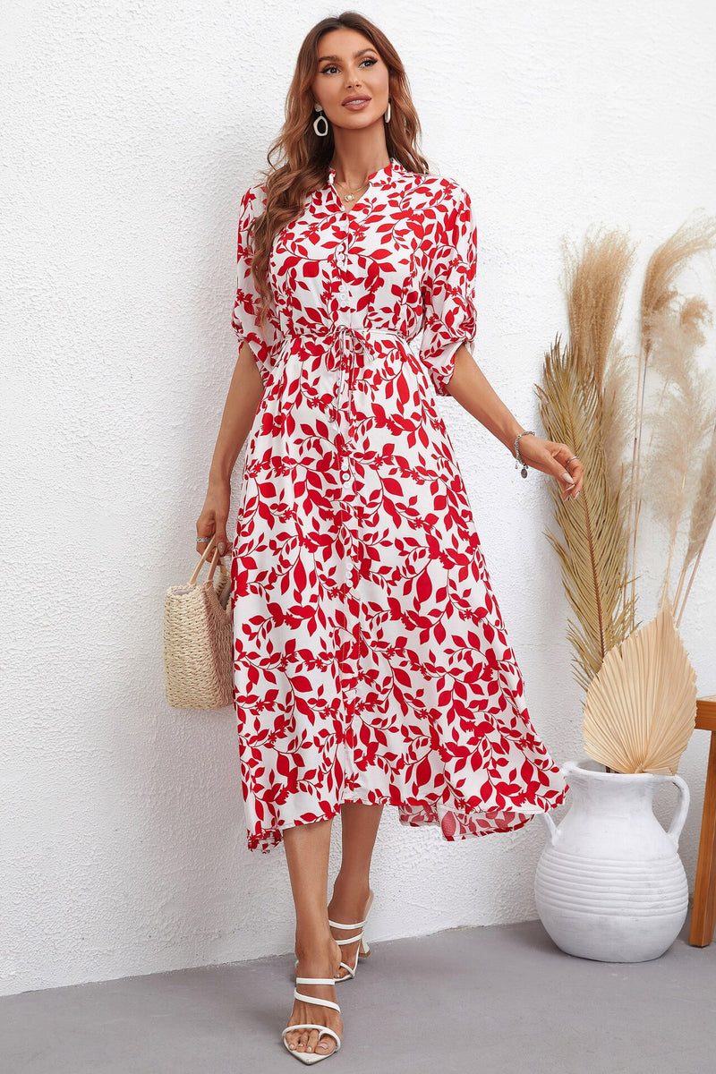 Leaf Print Three Quarter Sleeve Midi Dress