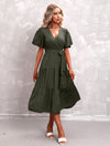 Flute Sleeve Wrap Midi Dress