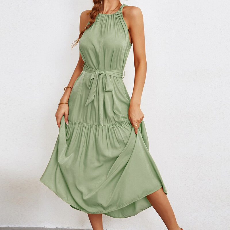 Tiered Belted Halterneck Maxi Dress